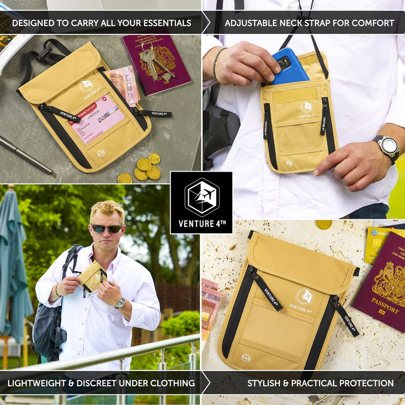 VENTURE 4TH Travel Essentials Bundle: RFID Blocking Neck Wallet & 2-in-1 Travel Blanket Pillow
