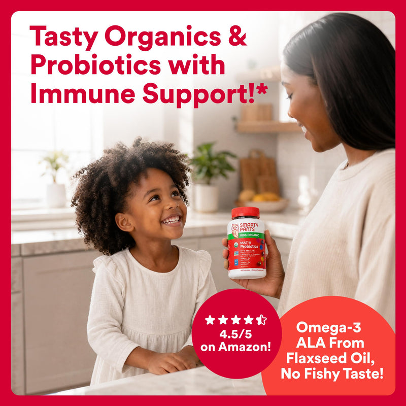 SmartyPants Organic Kids Multivitamin Gummies: Probiotics, Omega 3 (ALA), Vitamin D3, C, Vitamin B12, B6, A, K & Zinc for Immune Support, Biotin, Three Fruit Flavors, 120 Count (30 Day Supply) 30 Servings Organic + Probiotics