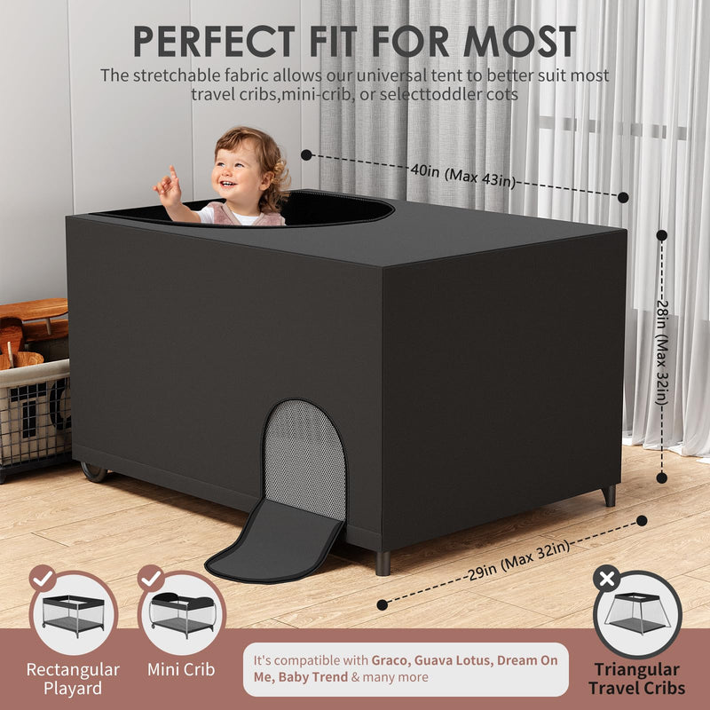 [Australia] - Crib Blackout Cover for Pack N Play, Portable Travel Crib Canopy Cover with Storage Bag, Stretchy Breathable Playard Netting Cover for Indoor Outdoor, Blocks 90% Light, Black 