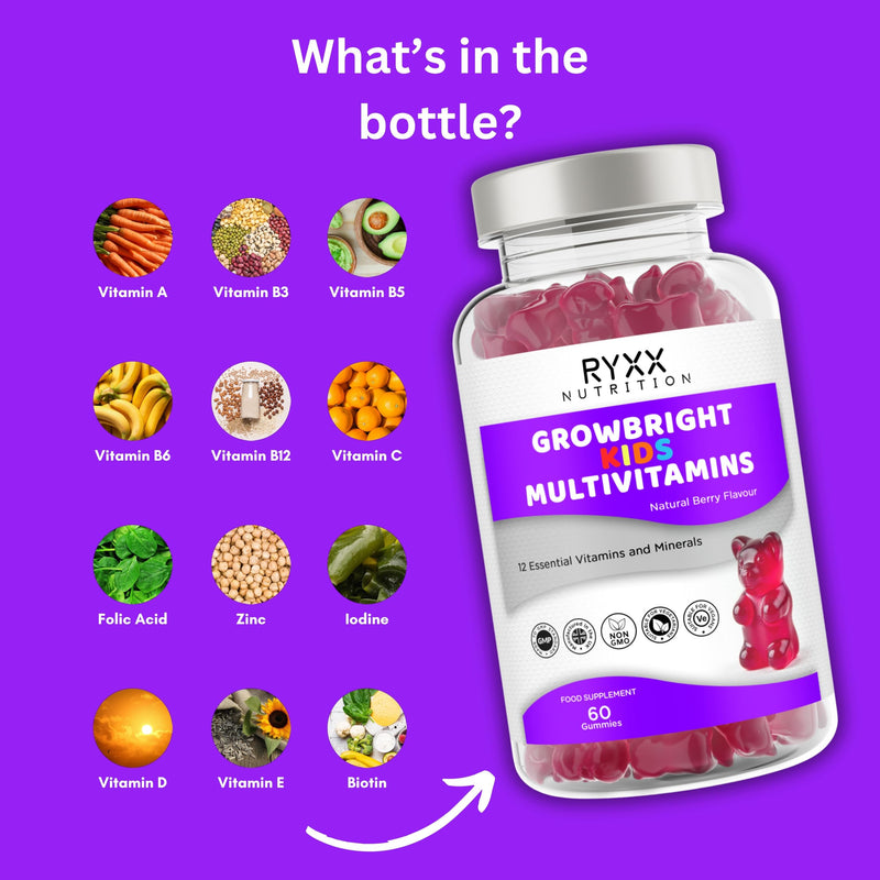 RYXX GrowBright Kids Multivitamins | 12 Essential Vitamins & Minerals | Natural Berry Flavour Gummies | Immune & Growth Support | 60 Vegan-Friendly Gummies | Made in the UK