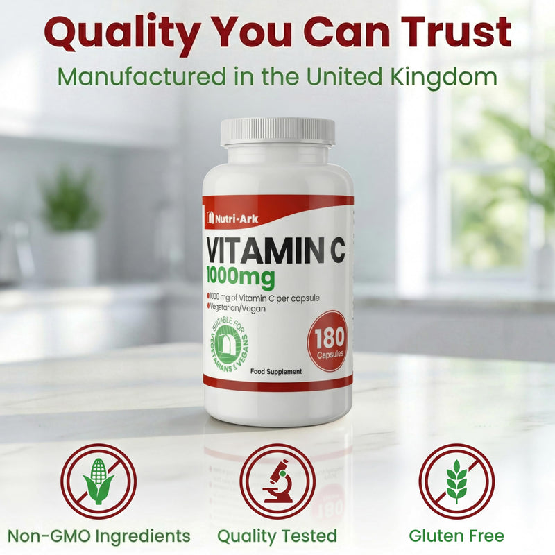 Vitamin C 1000mg | 180 Capsules (6 Month Supply) | High Strength Ascorbic Acid | Vegan & Vegetarian Friendly | Manufactured in the UK