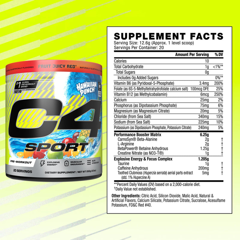 [Australia] - Cellucor C4 Sport Pre Workout Powder - NSF Certified for Sport - Elite Hydration - 200mg Caffeine + Creatine + Beta-Alanine - Electrolytes and Energy Supplement - Hawaiian Punch, 20 Servings 8.61 Ounce (Pack of 1) 