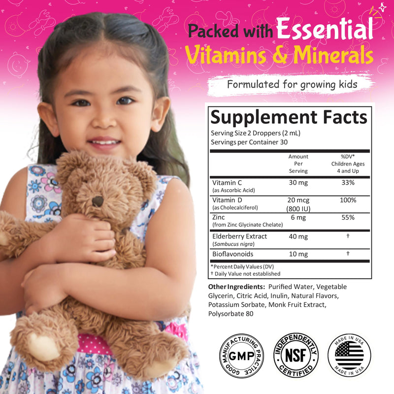 Zinc Kids Liquid Drops with Elderberry, Vitamin D3 & C – 30 Daily Servings, 2 FL OZ (60 mL) – Immune Support for Children – Sugar Free, Gluten Free, Vegetarian