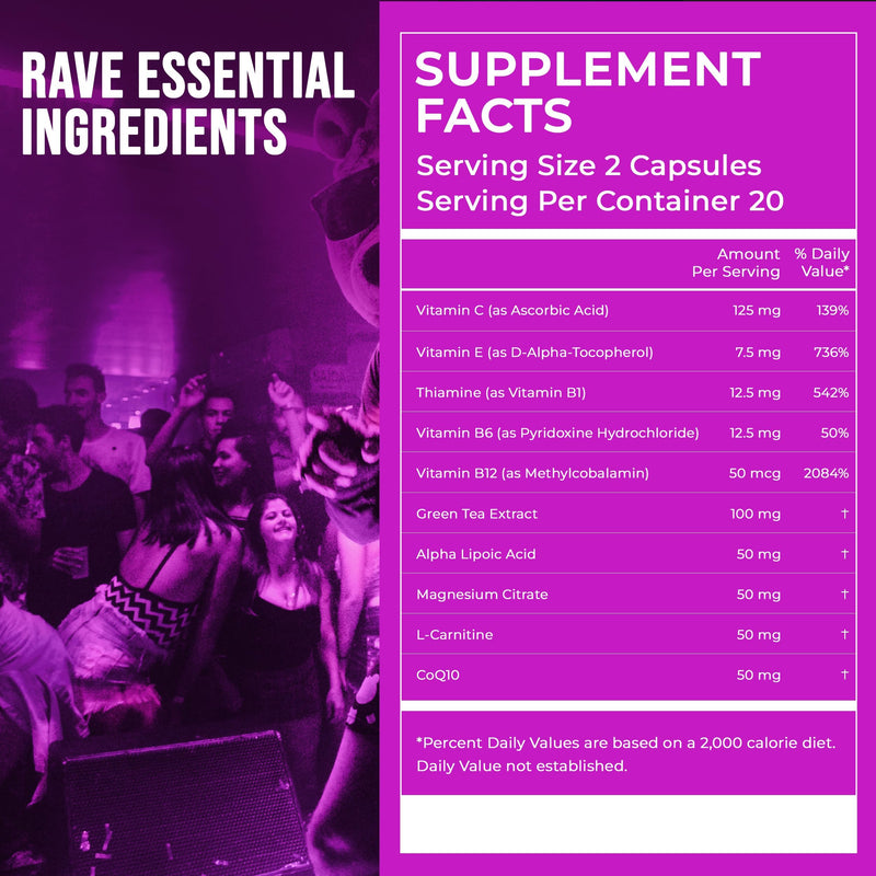 Pre-Rave Supplement CoQ10 Magnesium Green Tea Energy Festival, 40 Capsules | 5-HTP Free Rave Vitamins with CoQ10, Magnesium, Green Tea and Essential Vitamins for Festival Energy Wellness and Jaw Support