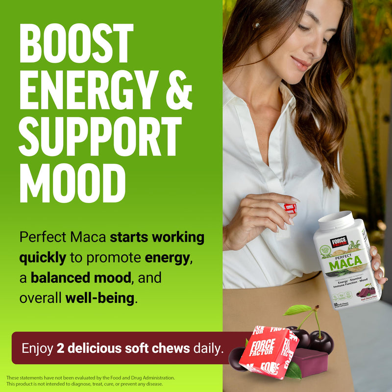 Force Factor Perfect-Maca, Maca Root and DIM Supplement with Saffron to Boost Energy &Mood, with Yellow & Black, Vitamins, Minerals, and Antioxidants, Dark Cherry Flavor,60 Soft Chews,(Pack of 2) 60 Count (Pack of 2) Herbal Supplement