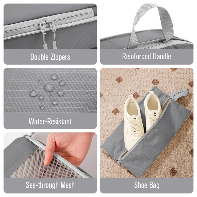WOOMADA Compression Packing Cubes for Suitcases Travel Essentials 6 Set Rectangle Mesh Expandable Travel Bags Organizer for Luggage 6 Set (1S+1M+1L+1XL+Shoe Bag+Socks/Underwear Bag) Light Grey