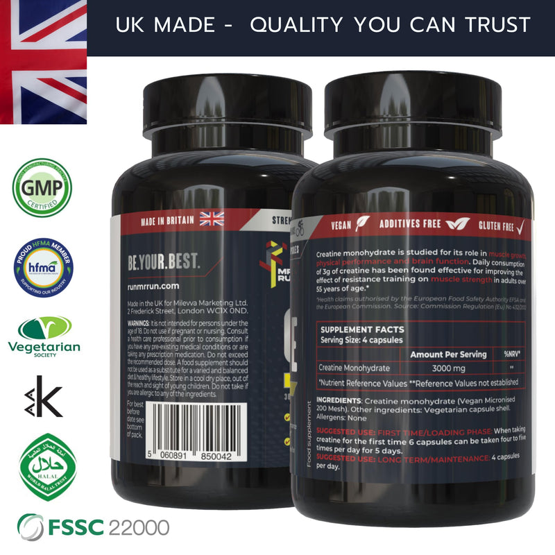 Creatine Tablets 3000mg Per Serving - Premium Creatine Monohydrate, 120 Capsules - Muscle Gain Pre Workout Gym Supplement for Men and Women - Zero Sugar or Additives, Vegan, UK Made - 30 Servings