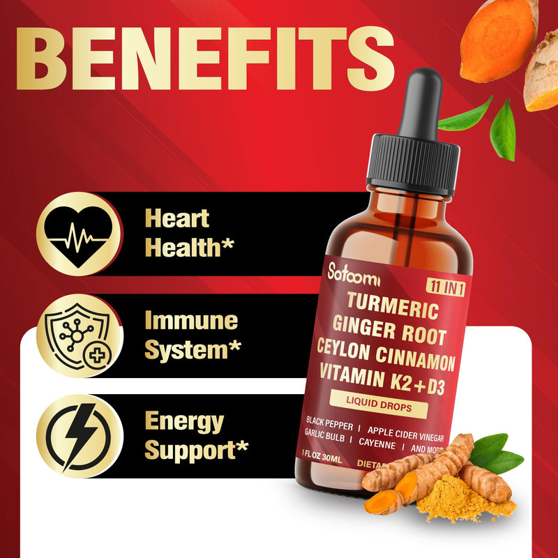 11in1 Liquid Turmeric Supplement for Immunity, Heart & Energy – with Vitamin D3, K2 MK7, Ginger, Garlic, Ceylon Cinnamon, Berberine, Ginseng, Apple Cider Vinegar – 30ml Drops – 60 Servings