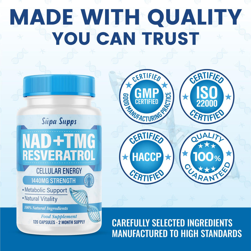 NAD+ TMG, Resveratrol -120 Capsules, 60 Day Supply, Cellular Energy Aid, Methylation Support, Antioxidant Complex, Vegan Friendly, High Strength Formula, NAD Supplements UK, Daily Vitality Support