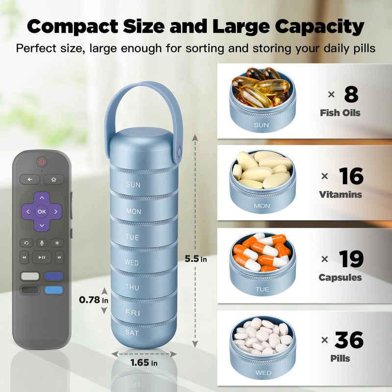 Zannaki Metal Weekly Pill Organizer, Large Travel Pill Box 7 Day, Waterproof Daily Pill Case with Silicone Handle, Aluminum Alloy Portable Pill Holder Container for Vitamin, Medicine, Supplement,Pills Ice Blue