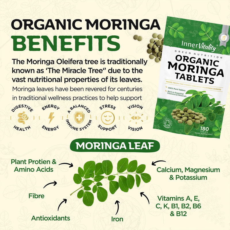 Pure Organic Moringa Tablets 180, Award Winning Natural Moringa 2-Month Supply, Easier to Swallow Than Moringa Capsules & Powder, Rich in Essential Vitamins & Minerals by Inner Vitality
