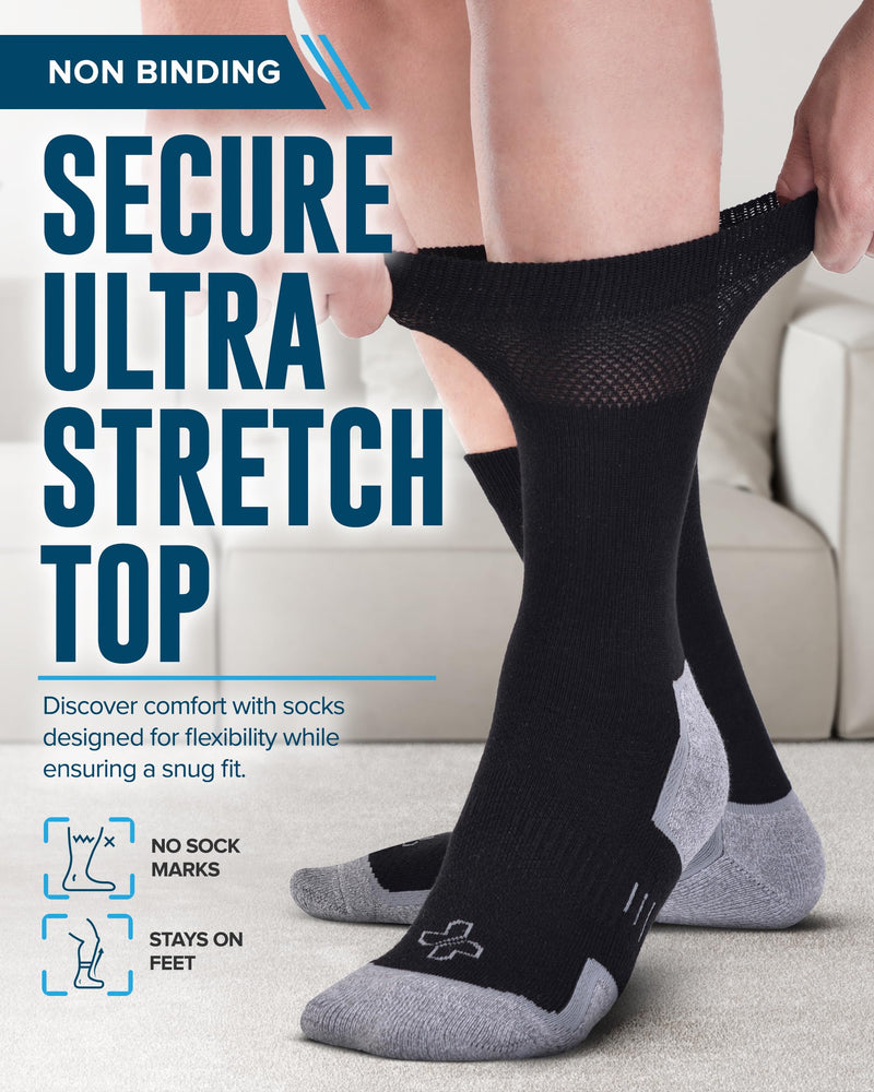 [Australia] - Doctor's Select Bamboo Viscose Black Diabetic Socks for Men - 6 Pairs Crew Stretch Top Mens Diabetic Socks Black - 6 Pairs Large 