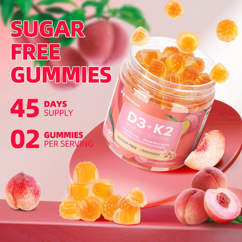 Vitamin D3 K2 Gummies, 5000 IU D3 + 100mcg K2, 90 Count | D3 K2 Supplement with MK-7, Sugar Free Vegan Gummies, Supports Bone Health for Adults, Peach Flavor 90 Count (Pack of 1)