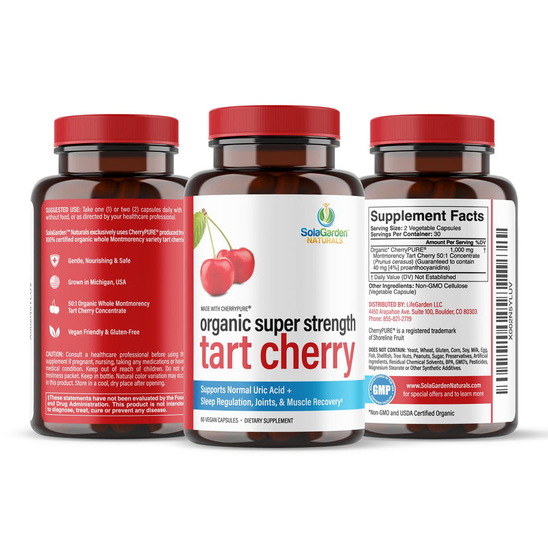 [Australia] - Super Strength Organic Montmorency Tart Cherry Supplement – 50:1 Concentrate Grown in The USA - Contains Certified Organic CherryPURE – by SolaGarden Naturals. 60 Non GMO Veggie Capsules. 