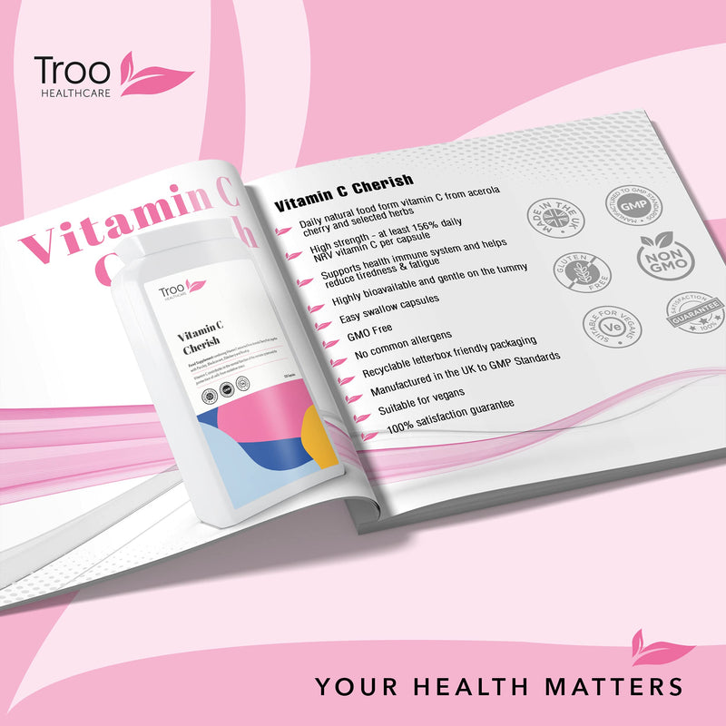 Troo Health Care Vitamin C Cherish 120 Capsules - Natural Food Vitamin C Immune Support & Fatigue Reduction Supplement Containing Acerola Cherry and Elderberry - UK Manufactured 1 count (Pack of 1)
