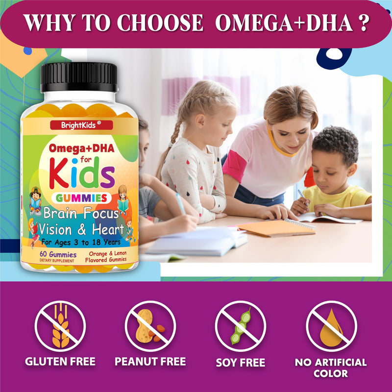 BrightKids Omega DHA Gummies for Kids & Teen, Children's DHA, Vegan Omega 3 Supplement, Brain Supplements with Vegan Omega 3 DHA - (60 Gummies)
