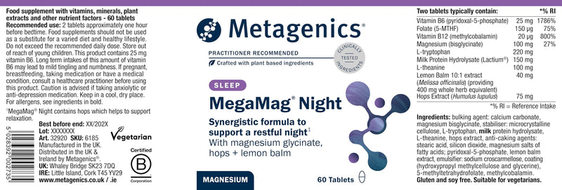 Metagenics - MegaMag Night – Magnesium Glycinate with Hops & Lemon Balm – for Evening Wellbeing – 60 Capsules