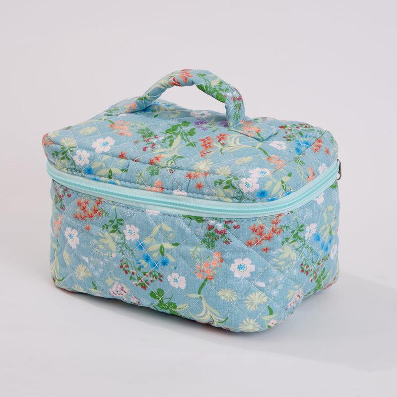 Wildflower Floral Quilted Cotton Cosmetic Zipper Pouch, Large Capacity Makeup Accessories Storage Bag for Women Girls, Aesthetic Coquette Travel Toiletry Organizer (Set of 3) Wildflower Floral