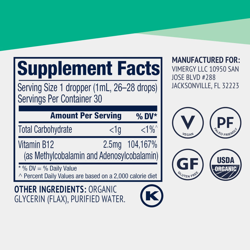 Vimergy Liquid Vitamin B12 Brain Function, 2500 mcg, Organic, 30 Servings | Brain Body Nourish*, Supports Oxygen and energy to the Brain*, Methylcobalamin & Adenosylcobalamin, Vegan, Non-GMO 1 Fl Oz (Pack of 1)
