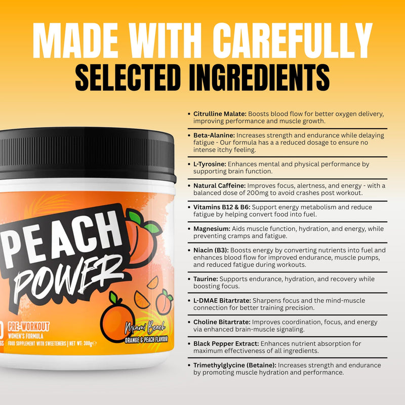 Women's Formula Pre-Workout - Natural Energy & Focus Supplement, Zero Sugar, Complete with Magnesium and Vitamin B6 & B12, 300g, 20 Servings (Orange & Peach) Orange & Peach