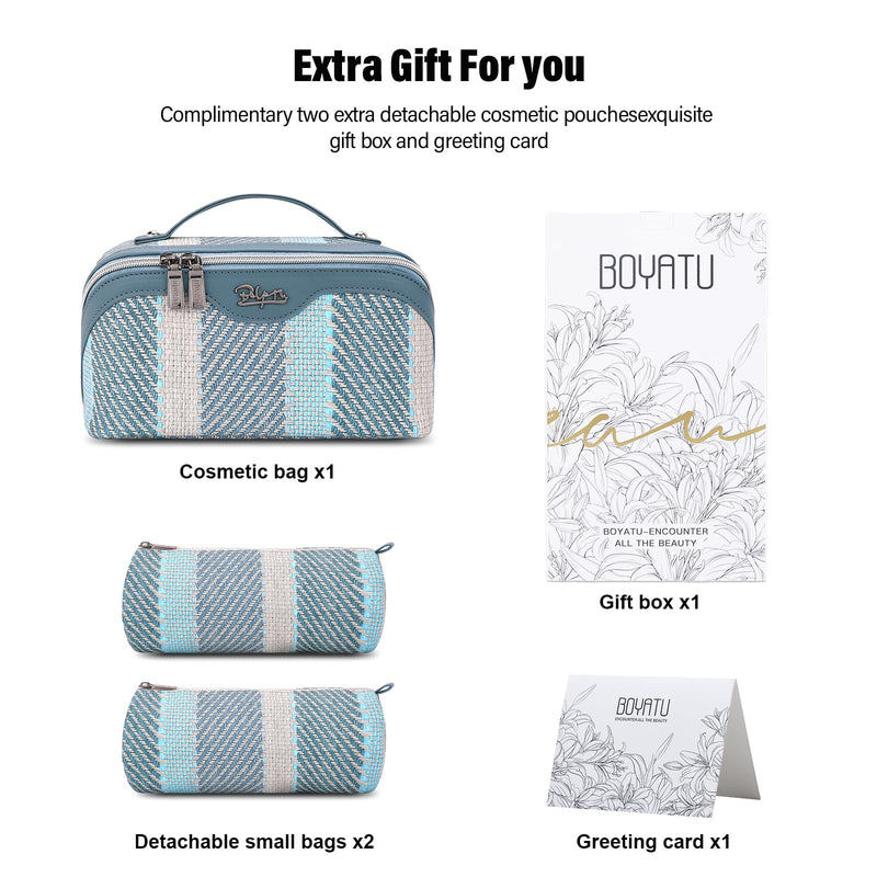 BOYATU Travel Makeup Bag Cosmetic Bag for Women: 3 Pcs Set Make up Bag with Compartments - Waterproof Vegan Leather Toiletry Bags with Handle - Makeup Organizer for Travel Essentials(C-1-Blue) C-1-Blue