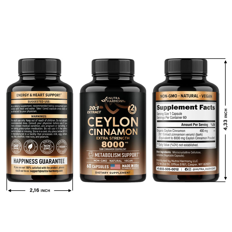 [Australia] - Ceylon Cinnamon Capsules - 8000 mg, Extra Strength - Made in USA - Energy, Heart & Metabolism Support - for Men & Women - Pure Natural Extract 20:1 Supplement - 60 Vegan Pills, 2 Month Supply 