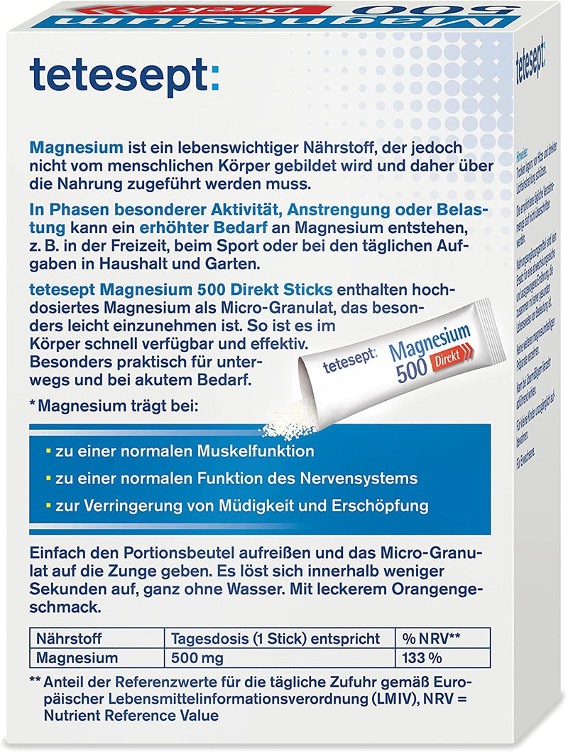 [Australia] - tetesept Magnesium 500 Direct - dietary supplement with magnesium powder to be taken without water - quick for active muscles - 1 x 20 direct sticks 2 g (pack of 20) 