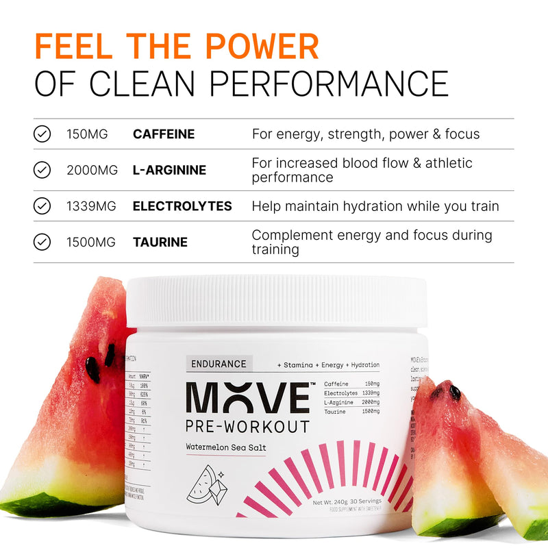 MOVE Pre-Workout Powder - Hydration & Endurance Formula for Men & Women- Preworkout Electrolytes Powder with Caffeine Vitamin C & L-Arginine -Informed Sport Certified 30 Servings Watermelon & Sea Salt