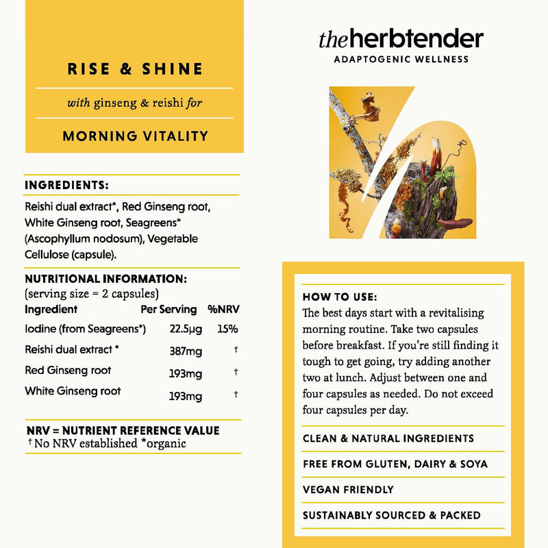 Ginseng & Reishi Supplement – Rise & Shine 60 Capsule Jar - Red Ginseng Capsules - Panax Ginseng High Strength - Reishi Mushroom Capsules - Natural Energy Supplement for Adults Morning Vitality