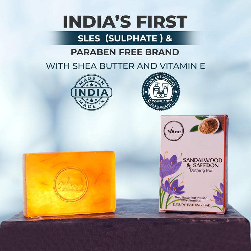 MY ACE Sandalwood & Saffron Bathing Bar Soap - Handmade with Essential Oil, Coconut Oil, Natural Shea Butter, Vitamin E for Skin Cleansing, Moisturizing - SLES Free - For Face, Hair, Body Wash - 3.5Oz 3.52 Ounce (Pack of 1)