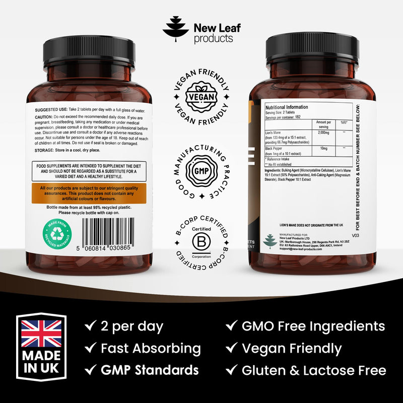 Lions Mane Mushroom 2000mg - 365 High Strength Vegan Tablets - Lion's Mane Supplement with Black Pepper - Lion's Mane Mushrooms Extract (Not Powder or Capsules) Made in The UK by New Leaf Products 365 count (Pack of 1)