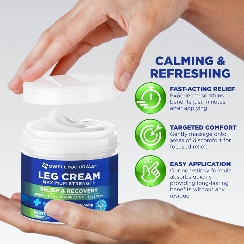 OWELL NATURALS Relief Legs Cream, Deep Penetrating Soothing Formula, Fast Acting & Maximum Strength with Arnica, Aloe Vera Vitamin E, for Muscles, Calf, foot, ankle, 2 oz 2 Fl Oz (Pack of 1)