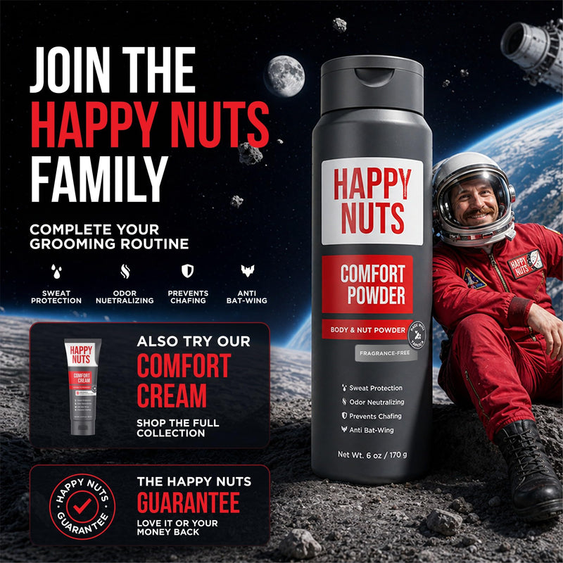 HAPPY NUTS Comfort Powder Deodorant For Men: Anti-Chafing, Sweat and Odor Control for Jock Itch, Aluminum-Free, 6 oz (1 Pack), Fragrance-Free 6 Ounce (Pack of 1)