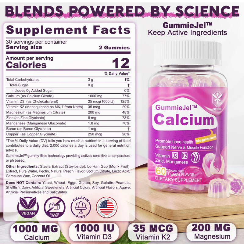 [Australia] - Sugar-Free Calcium Citrate Gummies 1000mg w/Vitamin D3 K2, Magnesium, Zinc, Boron, Manganese, Copper for Bone, Muscle & Immune, Ultimate Absorption Calcium Supplement for Women & Men - Vegan, 60 Count 60 Count (Pack of 1) 