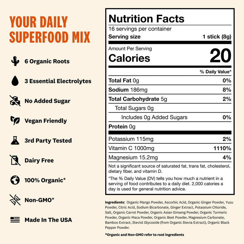 Organic Immunity Superfood Powder Ginger & Turmeric - Instant Hydration & Digestion Support - Daily Wellness Turmeric Mango Yuzu Drink - 3 Essential Electrolytes Organic Roots - (16 Servings) Mango & Yuzu