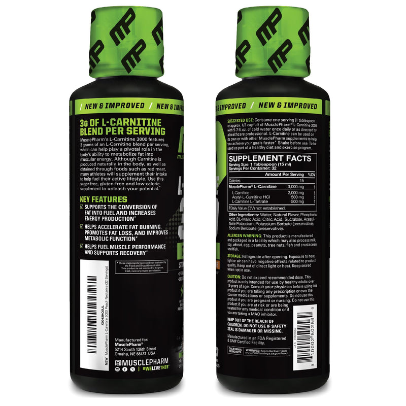 [Australia] - Muscle Pharm L-Carnitine 3000, The Ultimate Liquid L Carnitine Supplement for High-Performance, Supports Metabolism, Hydration & Energy, Zero Sugar/Calories, Peach Nectarine Flavor, 32 Servings 
