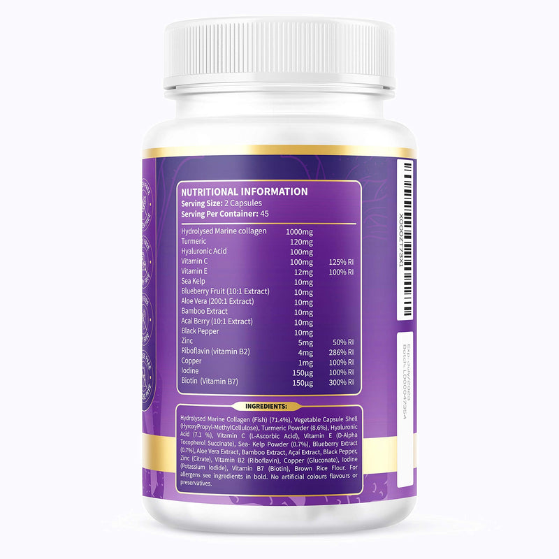 High Strength Marine Collagen Tablets - Skin, Hair, Nails & Joints - Fortified with Hyaluronic Acid, Blueberry, Biotin, Vitamin C, E, B2, B7 & Minerals - 1400MG - Type 1 90 Capsules 90 count (Pack of 1)