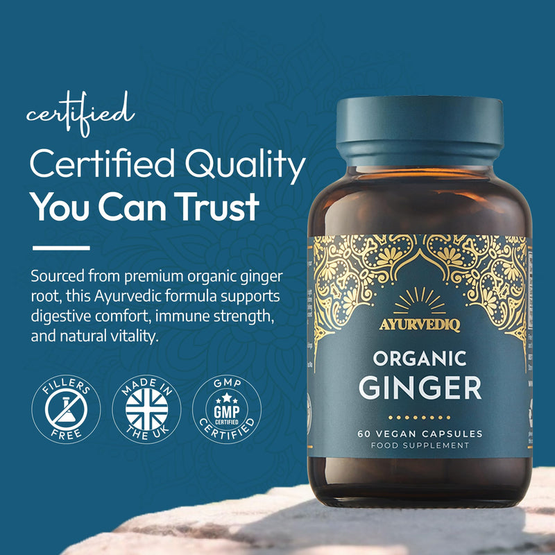 Ayurvediq Organic Ginger Root Capsules 600mg 100% Soil Association Organic Ginger Supplements High Strength Formula - Health and Wellbeing Supplements for Digestive Relief, Anti Inflammatory, 60 caps 60 count (Pack of 1)