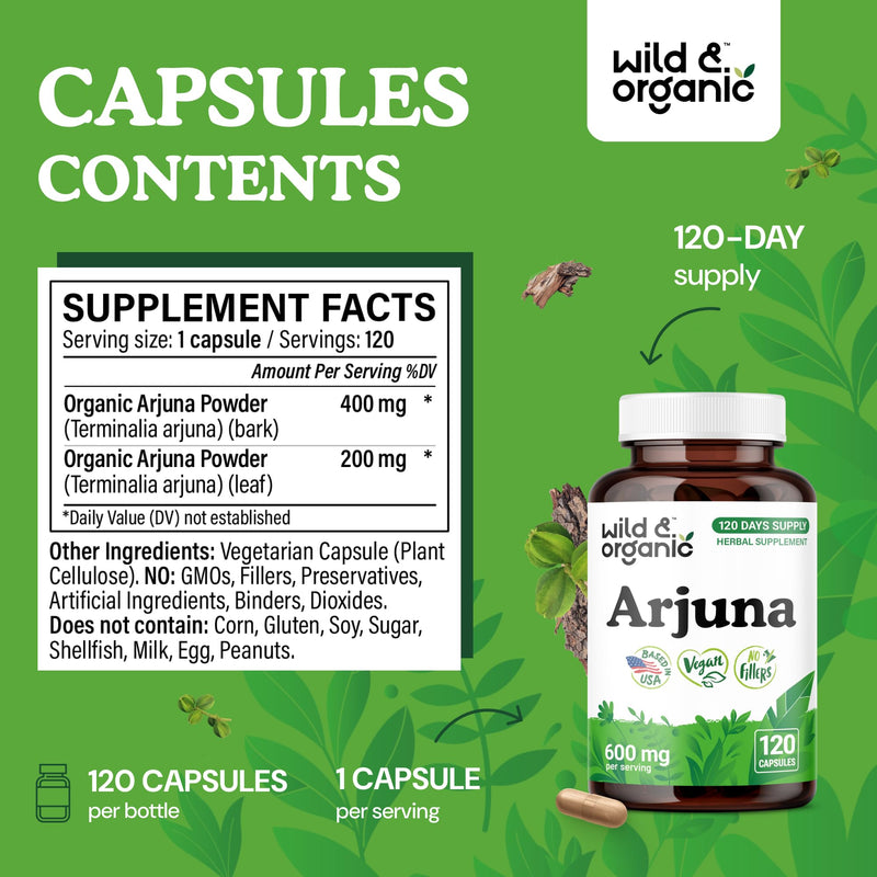 [Australia] - Wild & Organic Arjuna Bark Capsules - Overall Support - Arjuna Powder Supplement - 120 Herbal Capsules - 4-Month Supply - Terminalia Bark & Leaf Extract - Vegan, No Fillers, Non-GMO 