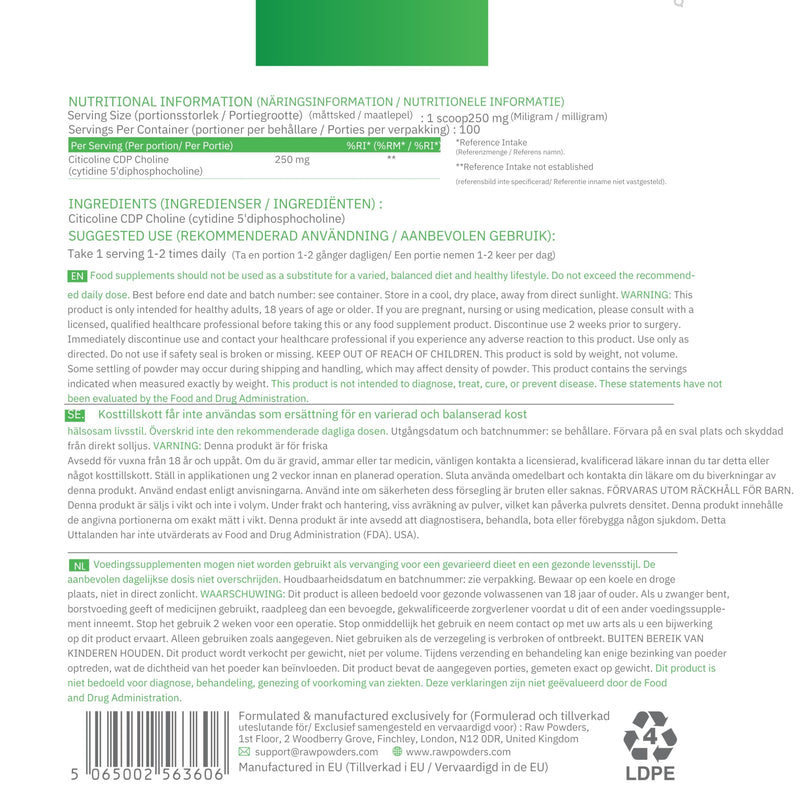 Citicoline CDP-Choline Powder 25g – Cognitive Function & Mental Performance Support – 250mg per Serving, Vegan, GMO & Gluten Free – Raw Powders