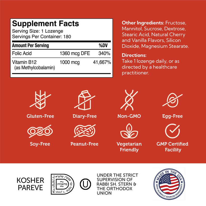 Zahler Energizer Vitamin B12-5000 mcg Vitamin B12 - Natural Cherry Flavor Dissolvable Lozenges - Kosher Gluten Free Non-GMO B12 Vitamins 5000 mcg, Energy Boost, Made in USA (180 Count) 180 Count (Pack of 1)