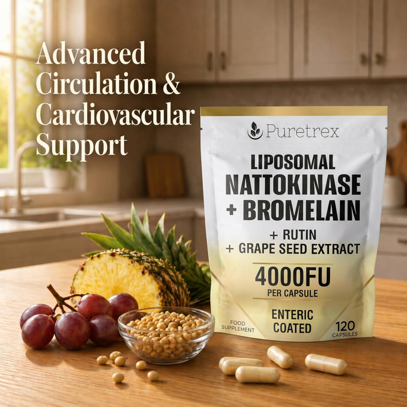Puretrex Liposomal Nattokinase 4000FU Bromelain Capsules, UK Made, 120 Enteric Coated Capsules with Rutin and Grape Seed Extract for Advanced Circulation and Cardiovascular Support, Vegan