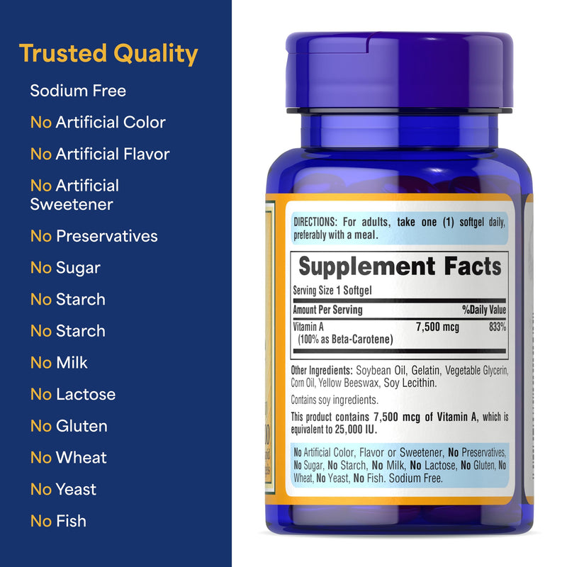 [Australia] - Puritan's Pride Beta Carotene Provitamin A 7,500mcg (25,000 IU), Vitamin Supplement for Immune System, Antioxidant and Eye Health Support, 100 Day Supply, 100 Rapid Release Softgels 100 Count (Pack of 1) 