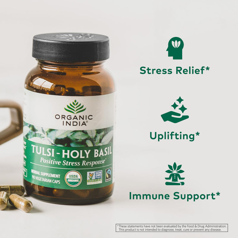 [Australia] - Organic India Tulsi Holy Basil Capsules - Holy Basil Extract - Holy Basil Leaf Supplement, Herbal Supplement, Immune Support, Stress Relief, Vegan, Gluten-Free, Kosher, Organic, Non-GMO - 180 Capsules 180 Count (Pack of 1) 