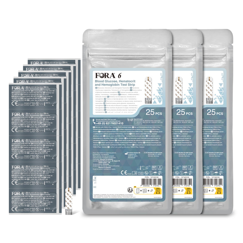 [Australia] - FORA 6 blood sugar, hematocrit and hemoglobin test strips (3-in-1: BG, HCT, HB) / 75 pieces 