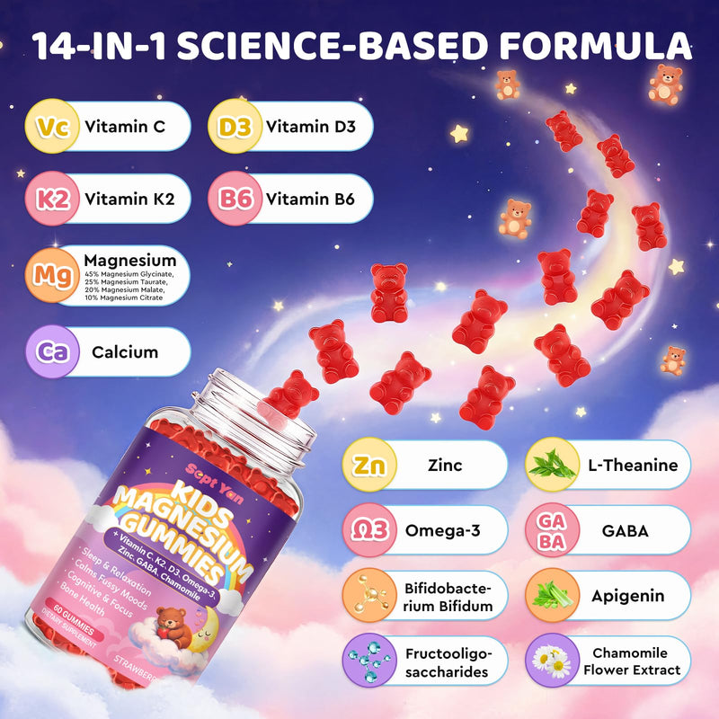 Magnesium Calming Gummies for Kids & Adults, Magnesium Complex with L-Theanine, Vitamin C, K2, D3, Omega-3, GABA, Chamomile for Sleep, Stress Relief, Muscle,Calm & Relaxation,Strawberry Flavor,120Ct Strawberry 120 Count (Pack of 1)