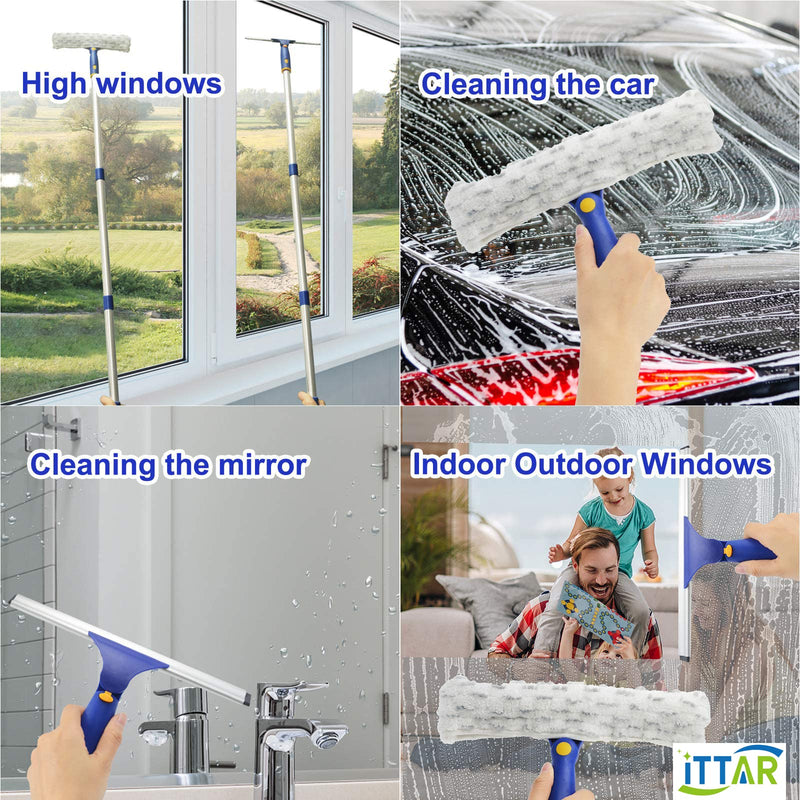 [Australia] - ITTAR Window Cleaner Squeegee,Rotatable Squeegee and Microfiber Scrubber with Extendable 3 Section Stainless Steel Pole,Window Cleaning Tool with 2 Microfiber Pads for Shower Glass Door,Car Windshield 1 Set of Pole 