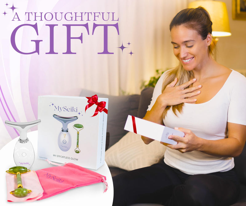 7 LED Light Beauty Tool – Face and Neck Massager with Jade Roller, Case, and Cloth (White) White