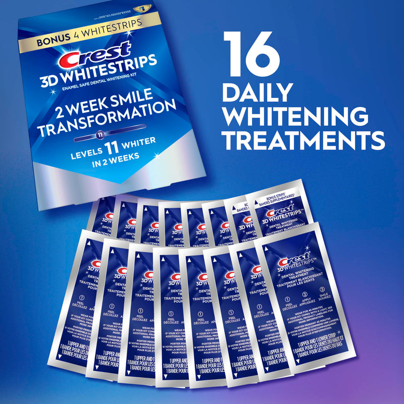 Crest Teeth Whitening Strips, Crest 3D Whitestrips 2 Week Smile Transformation, Enamel Safe Teeth Whitening Kit, 16 Treatments (32 Strips), Whiter Teeth in 2 Weeks, 11 Levels Whiter 1 Count (Pack of 1)