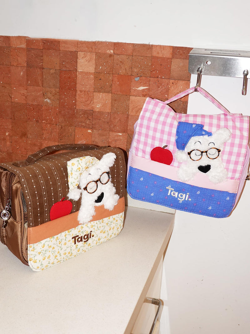 Haha Cosmetic Bag Travel Makeup Bag, Cute Dog-Shaped Toiletry Bag for Women, Water-Resistant Polyester Travel Organizer with Multiple Pockets & Metal Zippers, Citrus Chocolate